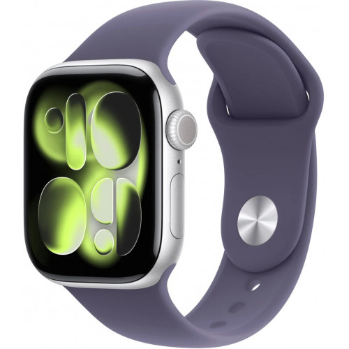 Apple Watch Series 11 42 мм (алюминиевый корпус, серебристый/фиолетовый туман, спортивный силиконовый ремешок)